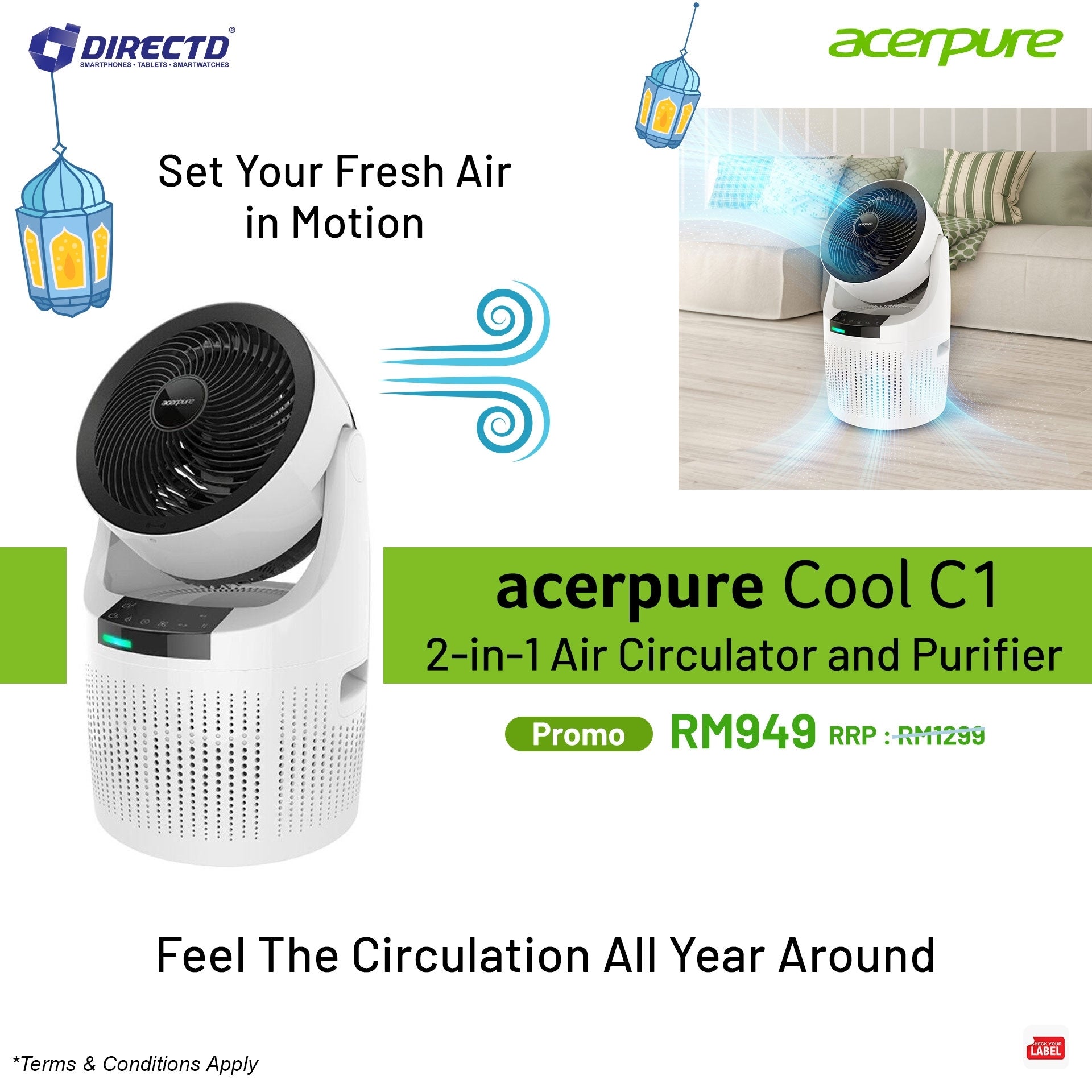 acerpure cool C1 2-in-1 Air Circulator and Purifier | Acerpure C1-AC530-20G/20W | Promo RM949