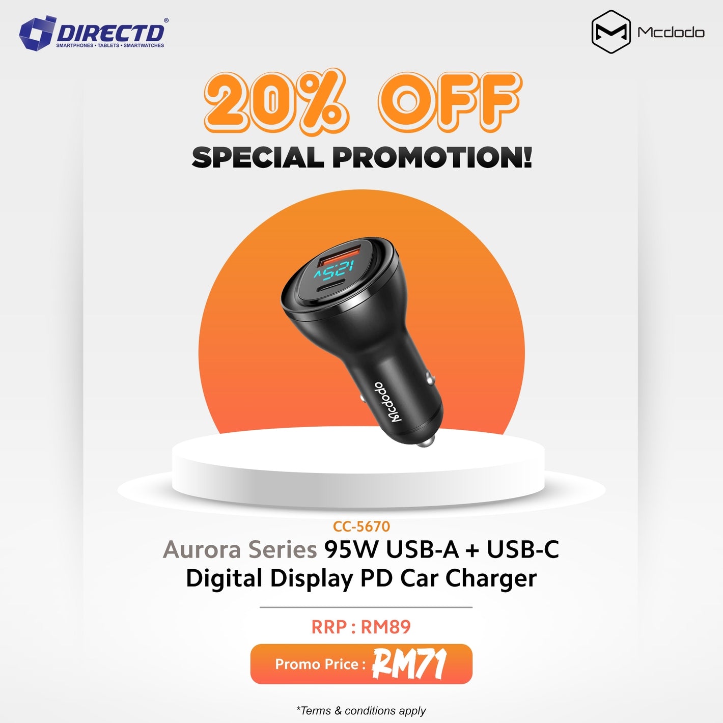 MCDODO Aurora Series 95W USB-A + USB-C Digital Display PD Car Charger
