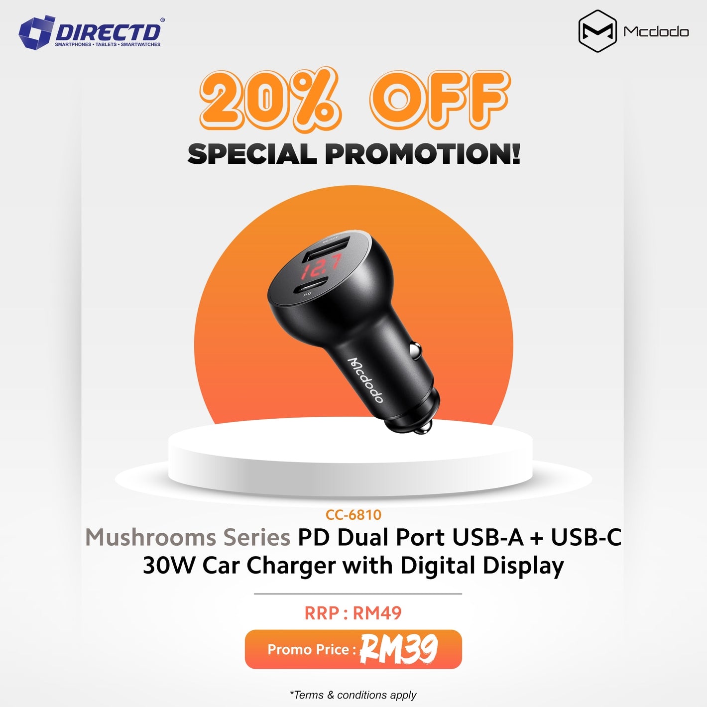 MCDODO Mushrooms Series PD Dual Port USB-A + USB-C 30W Car Charger with Digital Display