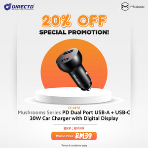 MCDODO Mushrooms Series PD Dual Port USB-A + USB-C 30W Car Charger with Digital Display