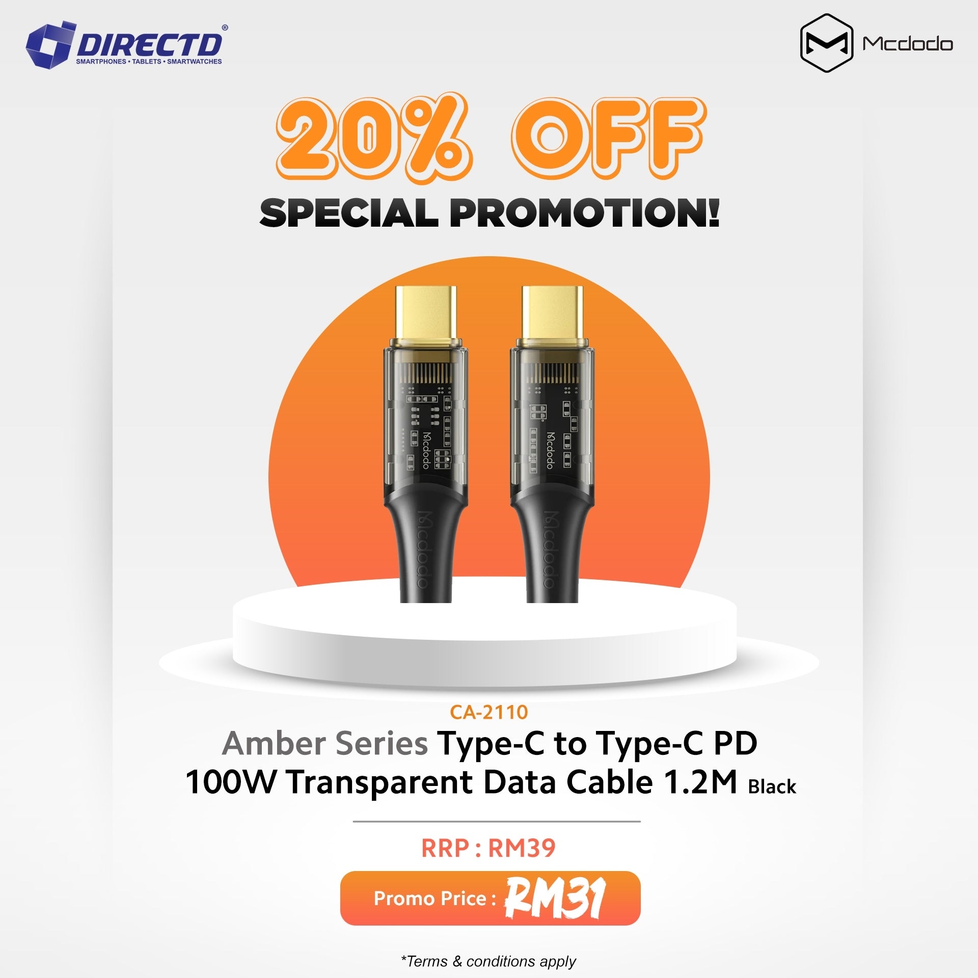 MCDODO Amber Series Type-C to Type-C PD 100W Transparent Data Cable 1.2M