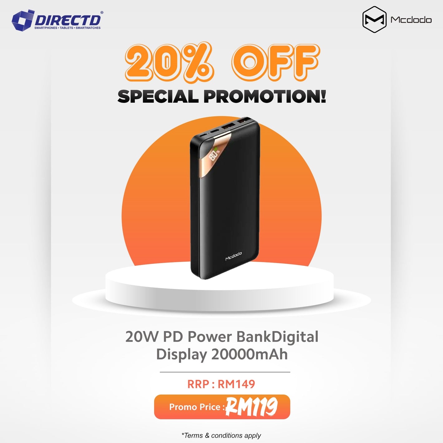 MCDODO 20W PD Power Bank Digital Display 20000mAh