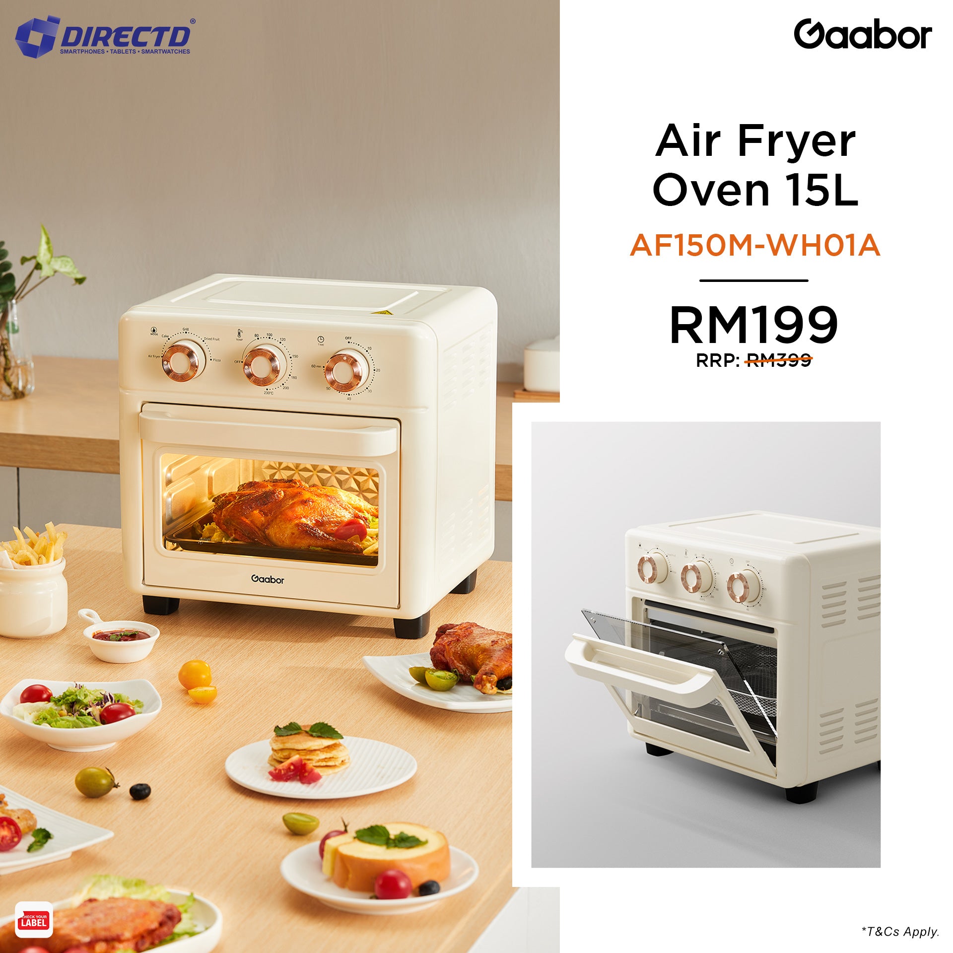 Gaabor Air Fryer 15L Oven Visible Durable Tempered Glass Double Layer Grill Multifunction Oven AF150M-WH01A