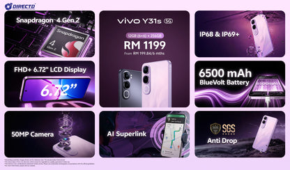 🆕 vivo Y31s 5G [6GB (+ 6GB extended dynamic RAM) | 256GB ROM]